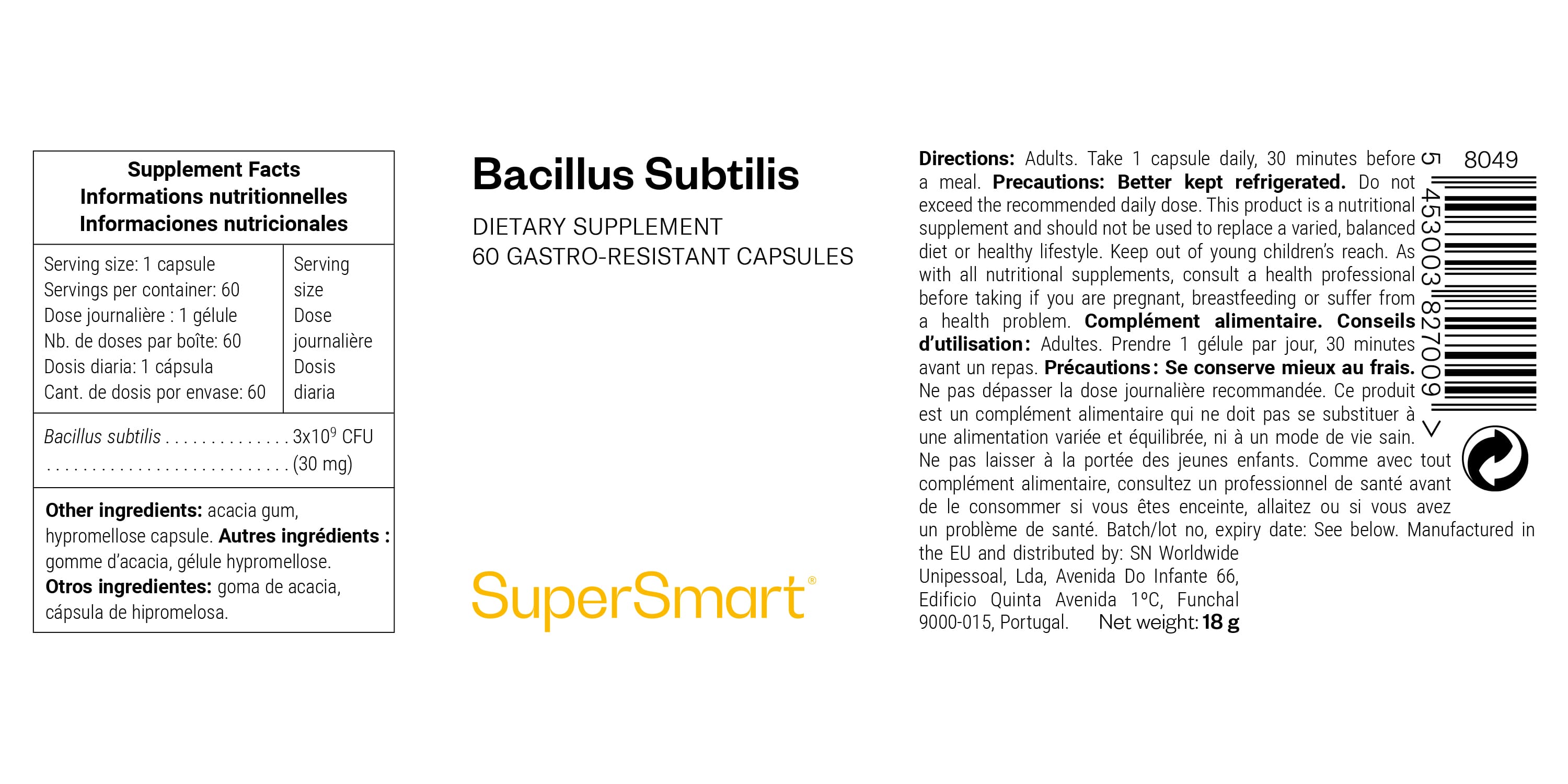 Complément alimentaire probiotique de Bacillus subtilis